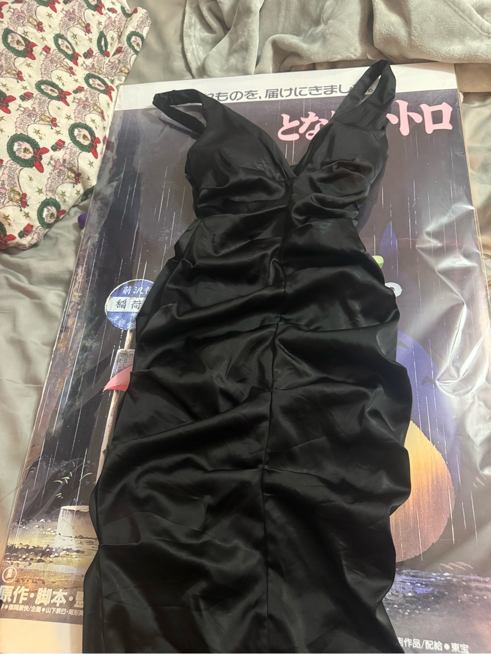 Xscape Black Satin Ruched V-Neck Evening Gown